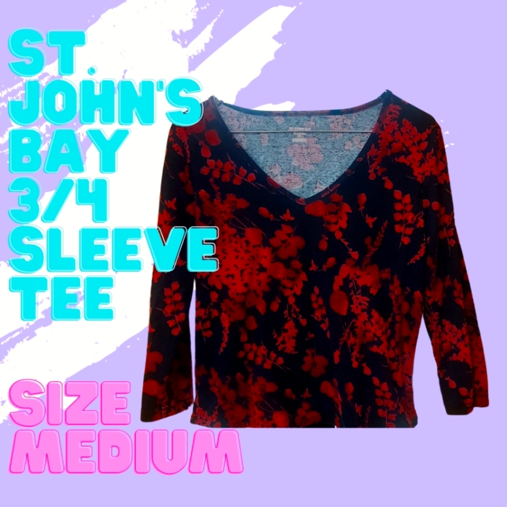 St. John's Bay 3/4 Sleeve V-Neck Classic Tee in Red and Black Floral Pattern
